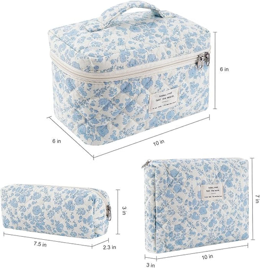 Makeup Bag, 3 Pcs Cotton Floral Quilted Makeup Bag Set, Large Toiletry Travel Cosmetic Bag for Women