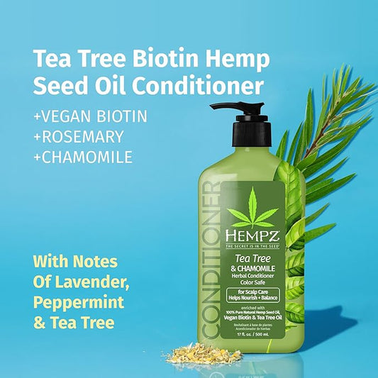 Hempz Biotin Hair Conditioner - Tea Tree & Chamomile - For Scalp Care Hair Growth & Strengthening of Dry, Damaged and Color Treated Hair, Hydrating, Softening, Moisturizing - 17 Fl OZ