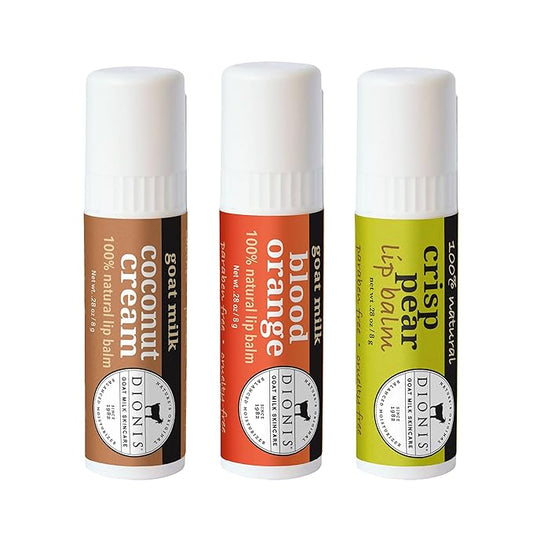 Dionis Goat Milk Skincare Fruity & Delicious Lip Balm Gift Set - Beeswax, Shea Butter & Coconut Oil Lip Care Products Made in The USA - Cruelty Free Lip Moisturizer for Dry Chapped Lips, 0.28oz 3 Pk