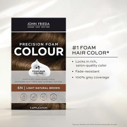 John Frieda Precision Foam Colour, Light Natural Brown 6N, Full-coverage Hair Color Kit, Anti-Fade Gray Coverage, Deep Color Saturation Hair Dye, Pack of 2