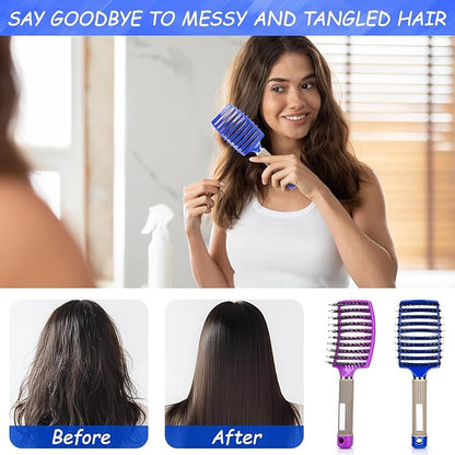 Wet Hair Detangling Brush for Blow Drying，Hair Detangler Brush for Women and Kids ，Boar Bristle Hair Brushes 2 PACK（BLUE+PURPLE)