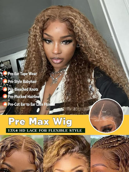 Sunber Curly Human Hair Lace Front Wig Put On and Go Bye Bye Knots Highlight Honey Blonde Curly 13x4 Lace Front Pre Cut Lace With Baby Hair 180% Density No Glue 3S Wear and Go 18Inch Beginner Friendly