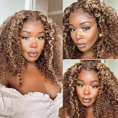 Beauty Forever Bye Bye Knots 7X5 Pre Cut Lace Honey Blonde Highlight Jerry Curly Put on Go Glueless Lace Front Wig,Mixed Color Invisible Knots Human Hair Wigs Pre Plucked Hairline 150% Density 24 Inch