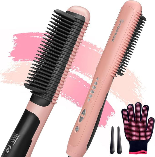 Hair Straightener Comb - Ceramic Hot Comb Hair Straightener Electric Straightening Comb for Black Hair 6 Temperature Settings, 20 Mins Auto-Off Safe & Salon Styling (Pink)