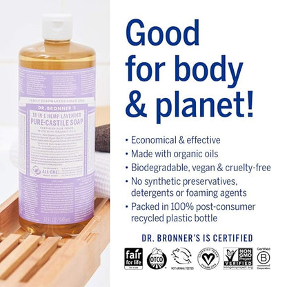 Dr. Bronner's Magic Soap - Pure-Castile Liquid Soap (Lavender, 32 ounce, 2-Pack) -Regenerative Organic Certified Oils, 18-in-1 Uses: Body, Hair, Laundry, Pets & Dishes, Concentrated, Vegan, Non-GMO