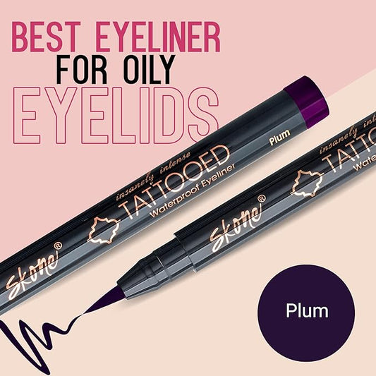 Skone Waterproof Liquid Eyeliner - Long Lasting & Smudge Proof - Insanely Intense Tattooed Eyeliner Pen with Felt Tip Applicator - Plum Black (0.07oz)