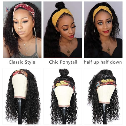 Beauty Forever Headband Human Hair Wigs Water Wave Glueless Human Hair Wigs With Pre-attached Scarf Non Lace Front Wigs for women Natural Color 150% Density 18 Inch