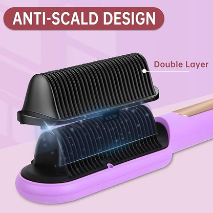 Negative Ionic Hair Straightener Brush with 9 Temp Settings, 30s Fast Heating Hair Straightening Comb with LED Display, Anti-Scald & Auto-Shut Off Hair Brush Straightener for Women (Purple)