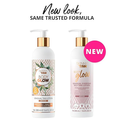 Skinny Tan Body Glow Gradual Tan Lotion - Lightweight, Fast-Absorbing Formula - Coconut and Vanilla Scent - Enriched with Aloe Vera and Guarana - Natural, Streak Free Gold Color - Medium - 9.4 oz