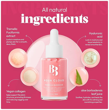 BIJOU BIJOU Aqua Cloud Serum - Natural Kbeauty Tremella Mushroom & Hyaluronic Acid Serum, Firming & Hydrating Face Moisturizer, Vegan Collagen, Reduces Fine Lines & Wrinkles, All Skin Types, 1 oz