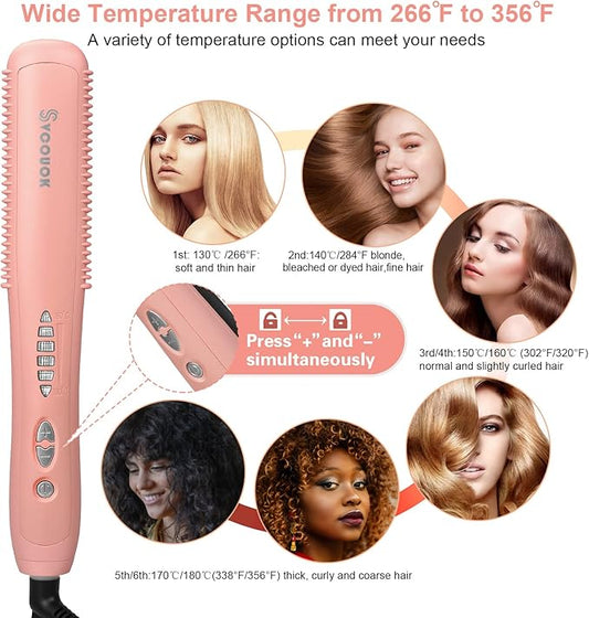Hair Straightener Comb - Ceramic Hot Comb Hair Straightener Electric Straightening Comb for Black Hair 6 Temperature Settings, 20 Mins Auto-Off Safe & Salon Styling (Pink)
