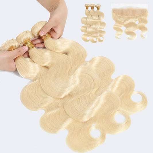 613 Blonde Body Wave Frontal and Bundles Human Hair (16 14 12+10)16A Human Hair Bundle with 13x4 HD Lace Frontal Free Part Brazilian Virgin Hair Weave with Closure