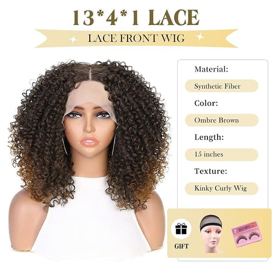 quickwig Curly Lace Front Wigs Short Kinky Curly Wig 13×4×1 HD Glueless Lace Curly Wig Ombre Brown Synthetic Lace Wigs for Women Deep Wave Hair (2/30)