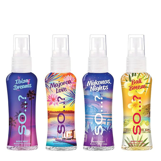 So...? Escapes Body Mist Set - Perfumes for Women - Everyday Body Spray for Women - Vegan, Cruelty Free Fragrances - Travel Size Gift Set - 4 pcs