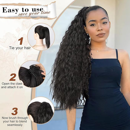 AISI BEAUTY Claw Clip Ponytail Extensions,30 Inch Long Curly Ponytail Extension for Women Fluffy Blonde Highlights Synthetic Ponytail Hairpiece for Daily Use