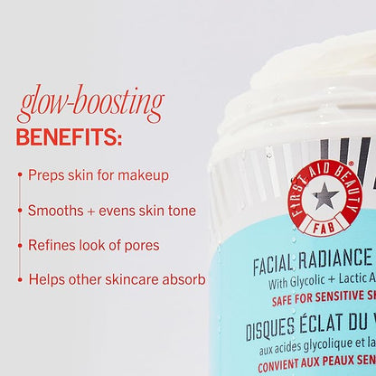 First Aid Beauty - Facial Radiance Pads with Glycolic & Lactic Acids, Daily Exfoliating Pads with AHA that Help Tone & Brighten Skin, Makeup Prep Pads, Compostable for Daily Use, 90 Pads