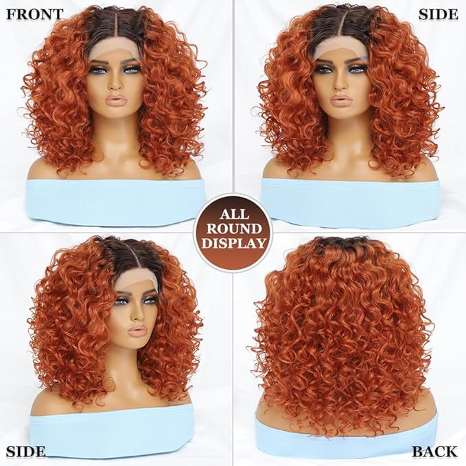 Felek 16inch Curly Lace Front Wigs Ginger Orange with Dark Roots Middle Part Jerry Curl Wig T Lace Front Curly Synthetic Glueless Pre-Plucked Deep Curly Wigs For Black Women (T4-350)