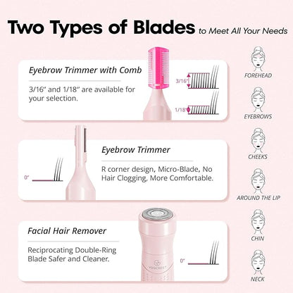 Women's Eyebrow Trimmer & Facial Hair Remover, 2 in 1, Double Rotating Blades, Safe, Painless, Hypoallergenic, Rechargeable, USB Charging