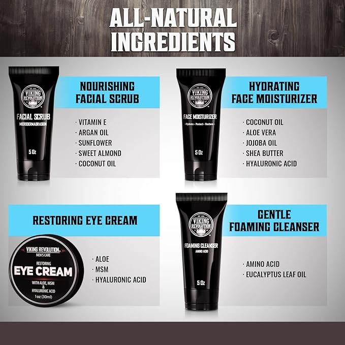 Viking Revolution Mens Facial Skin Care Kit - Includes Rejuvenating Face Moisturizer (5oz) Microdermabrasion Facial Scrub (5oz) Foaming Cleanser (5oz) Eye Cream (1oz)