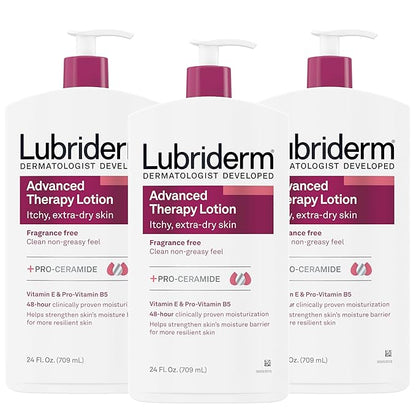 Lubriderm Advanced Therapy Fragrance-Free Moisturizing Lotion with Vitamins E and Pro-Vitamin B5, Intense Hydration for Extra Dry Skin, Non-Greasy Formula, Pack of Three, 3 x 24 fl. oz