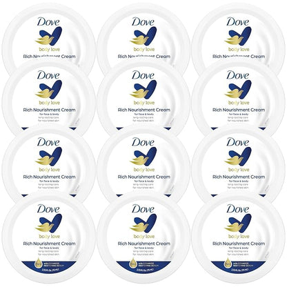 Dove Body Love Rich Nourishment Cream, Face, Hand & Body Lotion for Extremely Dry Skin, Fast-Absorbing 72-Hour Moisturizing Cream with Ceramide Serum, Travel Size, 2.53 Oz (Pack of 12)