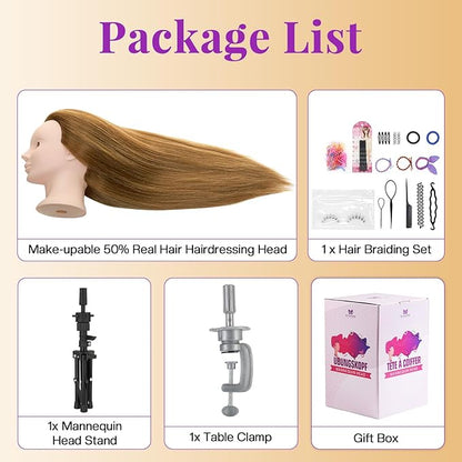 Neverland Beauty Mannequin Head with 80% Real Human Hair with Tripod Stand, 26 Inch Makeup Hairdressing Training Head Braiding Mannequin Head Manikin Styling Head Cosmetology Practice Doll Head