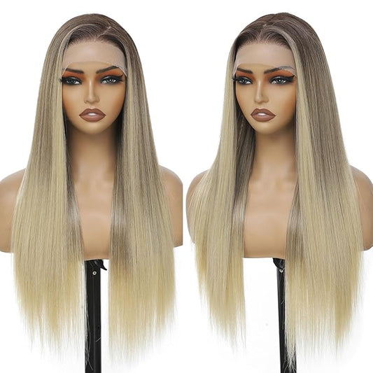 7×5 Ombre Blonde Wear and Go Glueless Wigs Pre Plucked Pre Cut for Beginners Synthetic Lace Front Wigs For Woman 26 Inch Ginger Highlights 3 Seconds to Wear