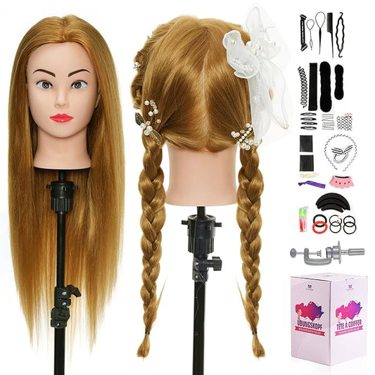 Neverland Beauty Mannequin Head with 60% Real Human Hair, 26 Inch Cosmetology Mannequin Doll Head for Hair Styling, Training Practice Braiding Manikin Head with Clamp and Hair Styling Braid Set