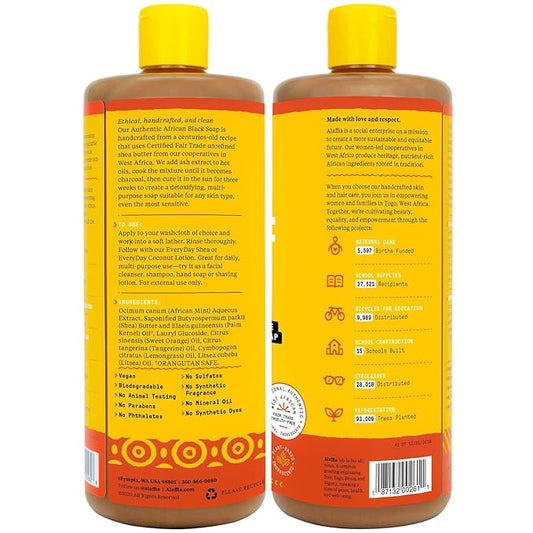 Alaffia Authentic African Black Soap, Tangerine Citrus (32 Oz) + Eucalyptus Tea Tree (2 Oz) – All-in-One Moisturizing Cleanser for Face, Hands, Body & Hair