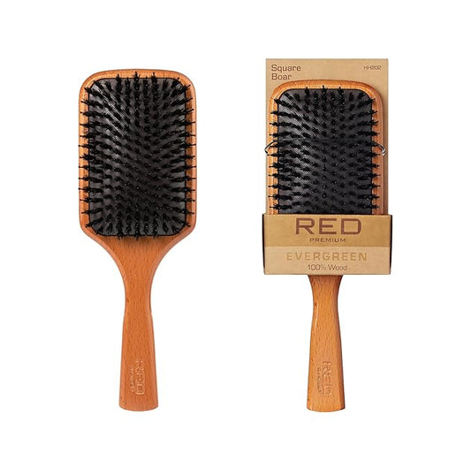 RED Premium 100% Evergreen Wooden Detangling Brush - Boar Bristle Paddle with Long Bristles for Thick, Curly, Thin, Wet or Dry Hair (Square) for Long Lasting Shine