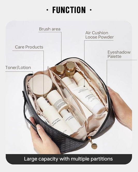 EACHY Travel Makeup Bag,Large Capacity Cosmetic Bags for Women,Waterproof Portable Pouch Open Flat Toiletry Bag Make up Organizer with Divider and Handle