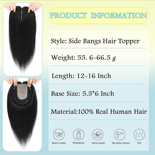 Hair Toppers for Women Real Human Hair, 360° 3D Toppers Pieces for Women with Thinning Crown Side Bangs 12 Inch Upgrade Big Basement (Black, 12 Inch Side Bangs)