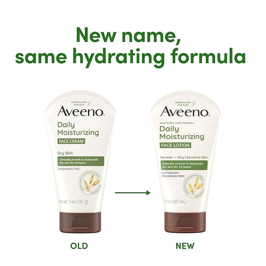 Aveeno Daily Moisturizing Face Lotion with Soothing Prebiotic Oat, Gentle Lotion Nourishes Normal to Dry Skin With Moisture, Facial Lotion for Sensitive Skin, Fragrance-Free, 5 oz