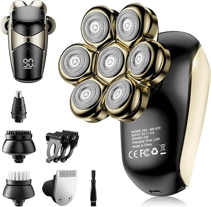 Detachable Head Shavers, SHPAVVER 5 in 1 Electric Razor IPX7 Waterproof for Bald Men, Wet Dry LED Display Rechargeable 7D Rotary Shaver Grooming Kit with Type C Charge A