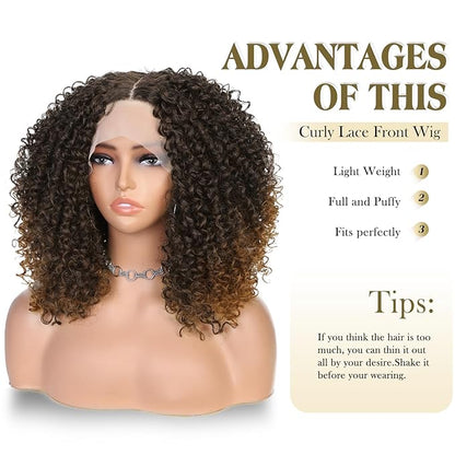 quickwig Curly Lace Front Wigs Short Kinky Curly Wig 13×4×1 HD Glueless Lace Curly Wig Ombre Brown Synthetic Lace Wigs for Women Deep Wave Hair (2/30)