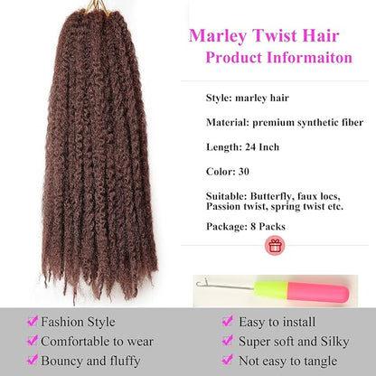 Marley Twist Braiding Hair 24 Inch 8 Packs – Fluffy&Tangle-Free Cuban Twist Hair for Braiding, Natural Look Synthetic Long-Lasting Spring Afro Kinky Twist Hair Extensions (30)