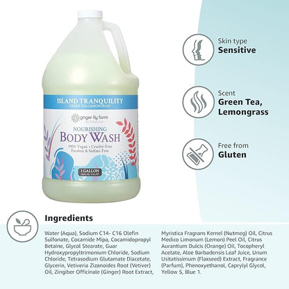 Ginger Lily Farms Botanicals Nourishing Body Wash, Island Tranquility, 100% Vegan & Cruelty-Free, Green Tea & Lemongrass Scent, 1 Gallon Refill (128 fl. oz.) (Pack of 2)