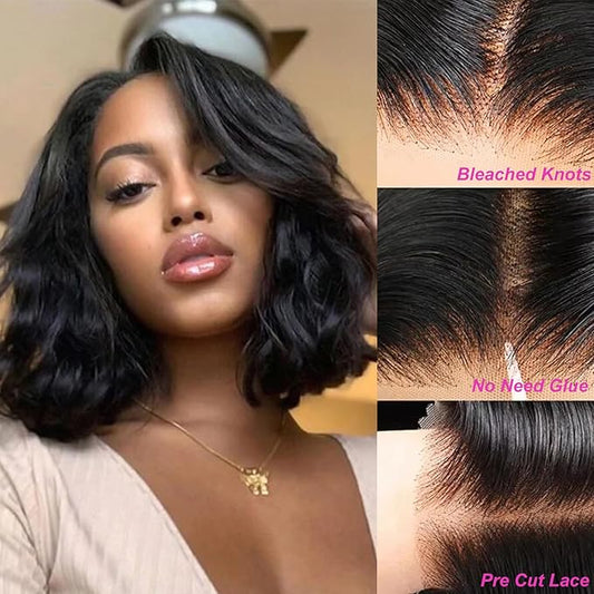 Glueless Bob Wig Human Hair Pre Plucked Pre Cut 4X4 HD Transparent Lace Closure Wigs Body Wave Wig Human Hair for Women Short Bob Wigs 16Inch