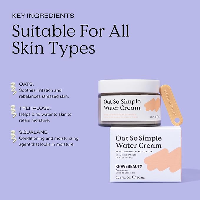 KraveBeauty Oat So Simple Water Cream, Enriched With Oat & Squalane To Soothe & Lock In Moisture, Everyday Moisturizer, For All Skin Types, Vegan & Cruelty Free, 2.7 fl oz