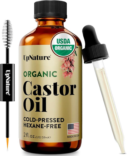 UpNature Organic Castor Oil (2 oz) 100% Pure Cold Pressed Unrefined Castor Oil for Hair Growth Support – Eyebrow Eyelash Growth Serum (Hexane Free) Natural Moisturizer in Glass Bottle