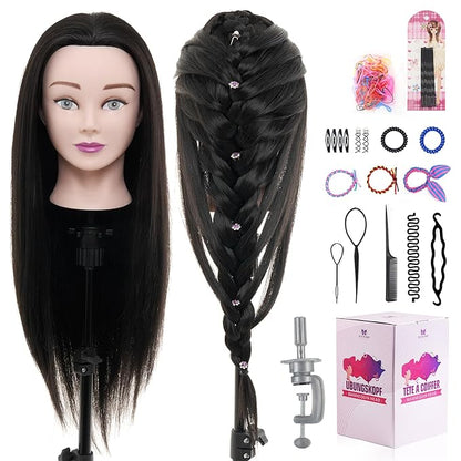 Neverland Beauty Mannequin Head with 80% Real Human Hair, 26 Inch Cosmetology Mannequin Doll Head for Hair Styling, Training Practice Braiding Manikin Head with Table Clamp, Hair Styling Set #1B