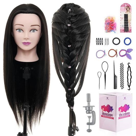 Neverland Beauty Mannequin Head with 80% Real Human Hair, 26 Inch Cosmetology Mannequin Doll Head for Hair Styling, Training Practice Braiding Manikin Head with Table Clamp, Hair Styling Set #1B