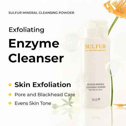Sulfur Mineral Cleansing Powder, Exfoliating Facial Wash with Enzymes and PHA for pores and blackheads, Even Skin Tone, Radiant, Sensitive, Acne-Prone Skin, Korean Skincare(1.76 oz. 50g)