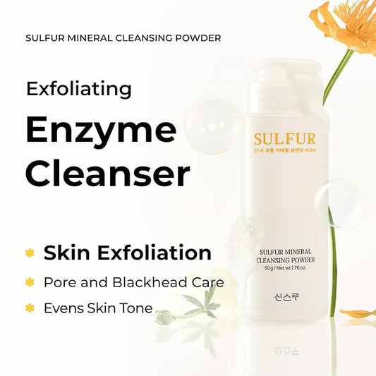Sulfur Mineral Cleansing Powder, Exfoliating Facial Wash with Enzymes and PHA for pores and blackheads, Even Skin Tone, Radiant, Sensitive, Acne-Prone Skin, Korean Skincare(1.76 oz. 50g)