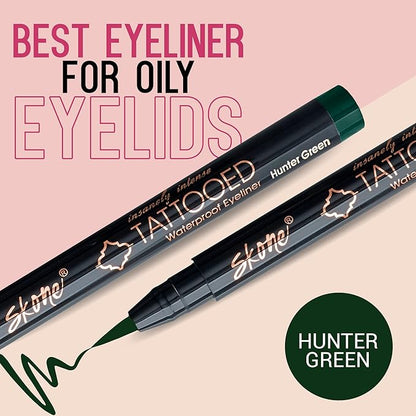 Skone Cosmetics Insanely Intense Tattooed Eyeliner Pen - Waterproof Liquid Eyeliner, Long Lasting, Sweat Proof, Smudge Proof Felt Tip Liquid Eyeliner - Pigmented Eye Liner Makeup, Hunter Green(0.07oz)