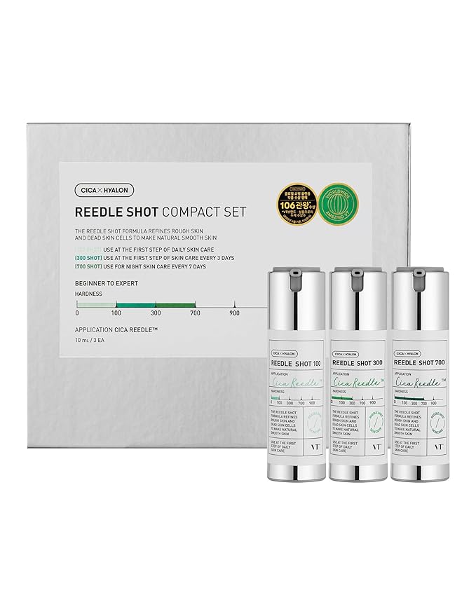 VT COSMETICS Reedle Shot Compact Set, Microneedling Serum Gift Set with Reedle Shot 100, 300, 700, Exfoliating, Anti-Aging, Travel Size Skincare for Women (0.34 oz / 10ml Each)