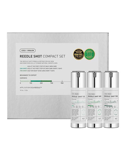 VT COSMETICS Reedle Shot Compact Set, Microneedling Serum Gift Set with Reedle Shot 100, 300, 700, Exfoliating, Anti-Aging, Travel Size Skincare for Women (0.34 oz / 10ml Each)