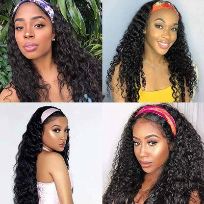 Beauty Forever Headband Human Hair Wigs Water Wave Glueless Human Hair Wigs With Pre-attached Scarf Non Lace Front Wigs for women Natural Color 150% Density 18 Inch