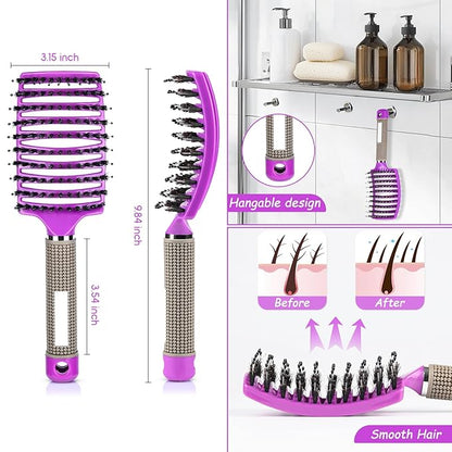 Wet Hair Detangling Brush for Blow Drying，Hair Detangler Brush for Women and Kids ，Boar Bristle Hair Brushes for Women Detangler 2 PACK（PINK+PURPLE)