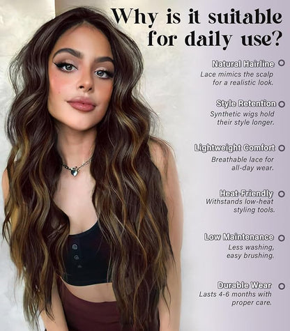 13x4 Lace Front Wig Dark Brown Highlight Ombre Blonde Pre Plucked Hairline with Baby Hairs Glueless Long Wavy Synthetic Wig Heat Resistant for Daily Wear and Parties 26 inch